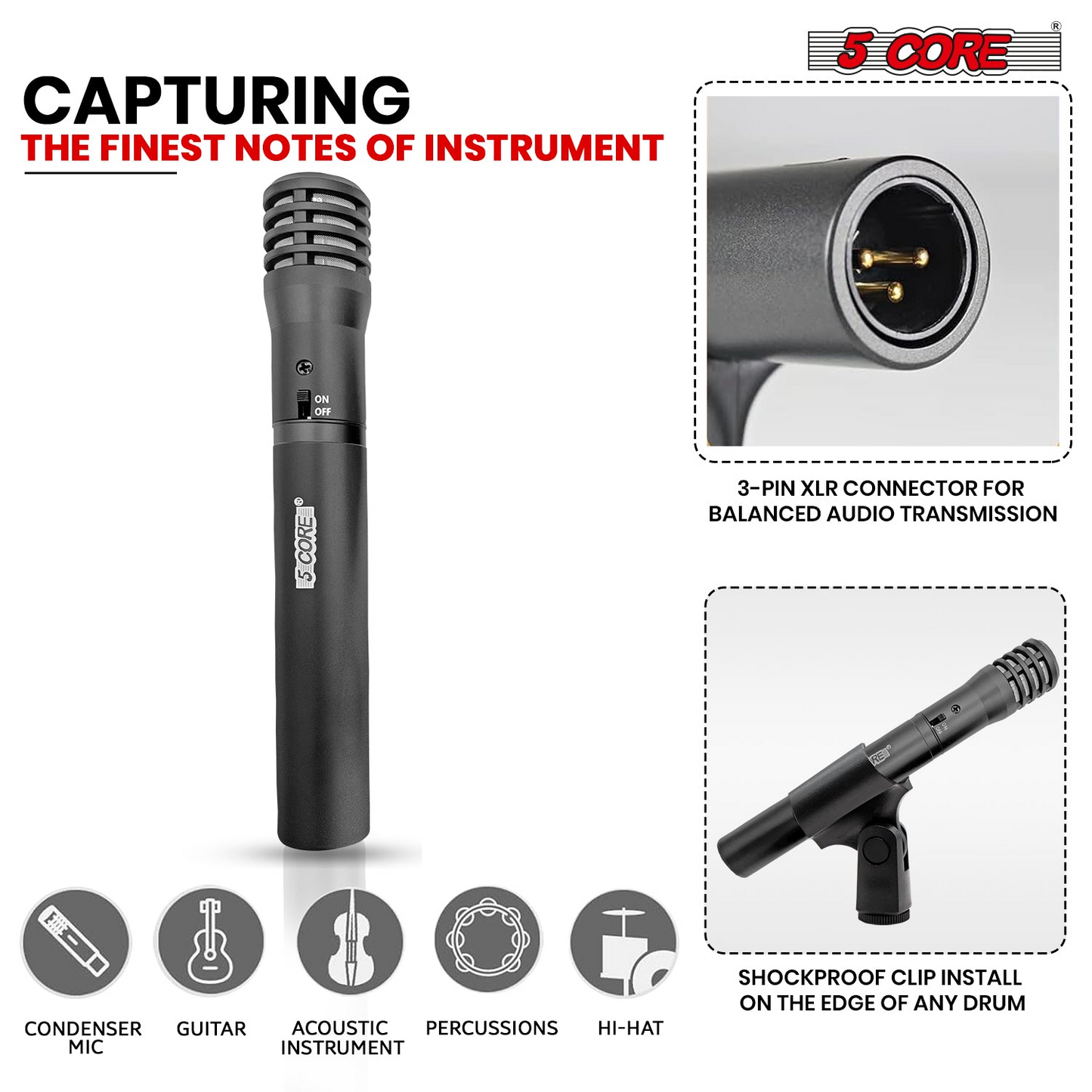 5Core Dynamic Instrument Microphone Professional XLR Cardioid Pencil Stick Condenser Mic