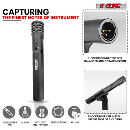 5 Core Dynamic Instrument Microphone Professionell XLR Cardioid Pencil Stick Kondensatormikrofon