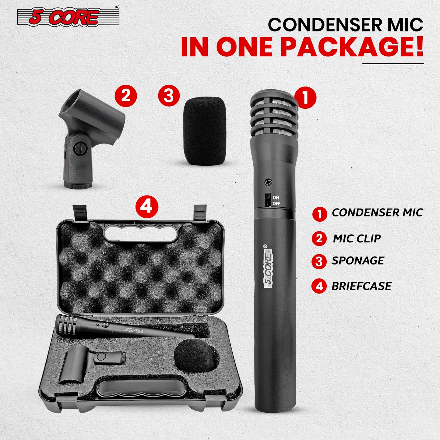 5Core Dynamic Instrument Microphone Professional XLR Cardioid Pencil Stick Condenser Mic