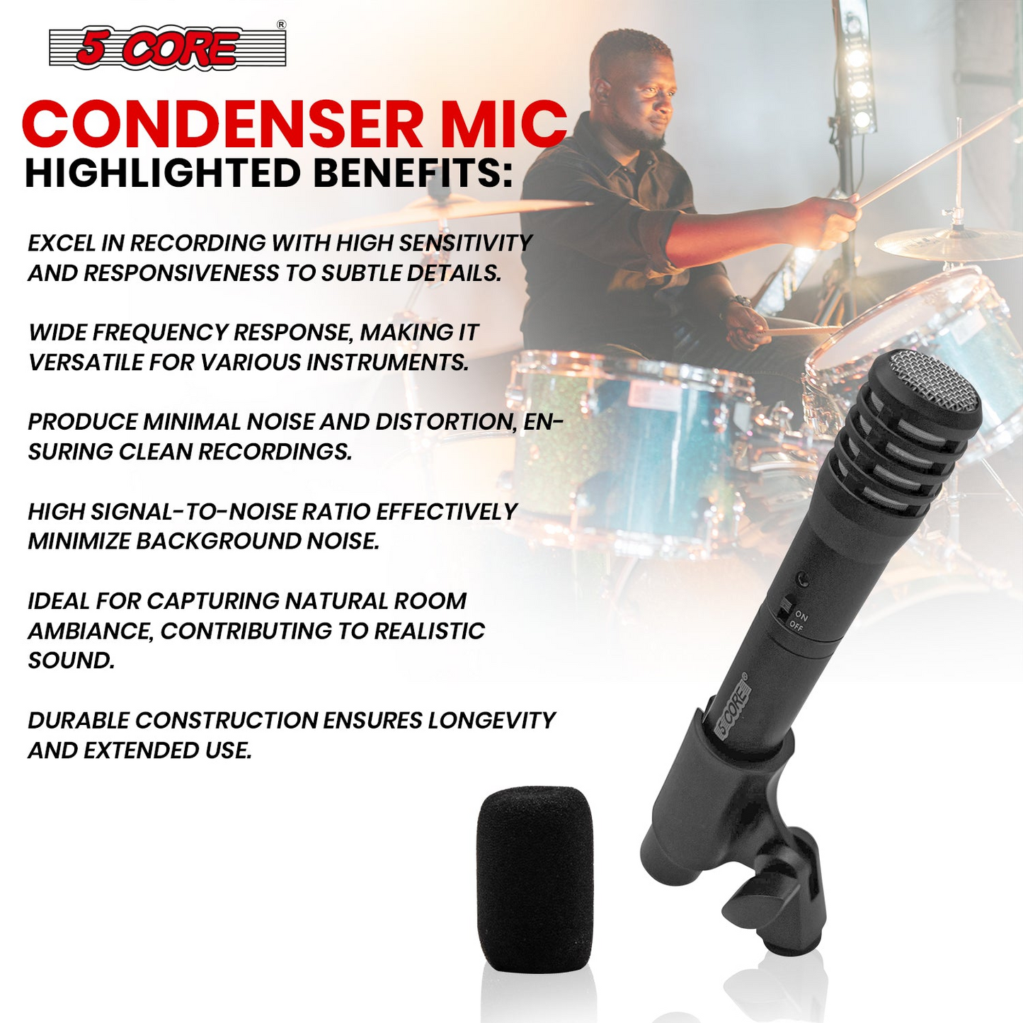 5Core Dynamic Instrument Microphone Professional XLR Cardioid Pencil Stick Condenser Mic