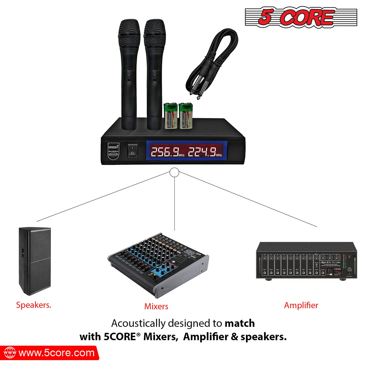 5Core Wireless Microphone VHF Fixed Dual Frequency Microfono Inalambrico 100FT Range