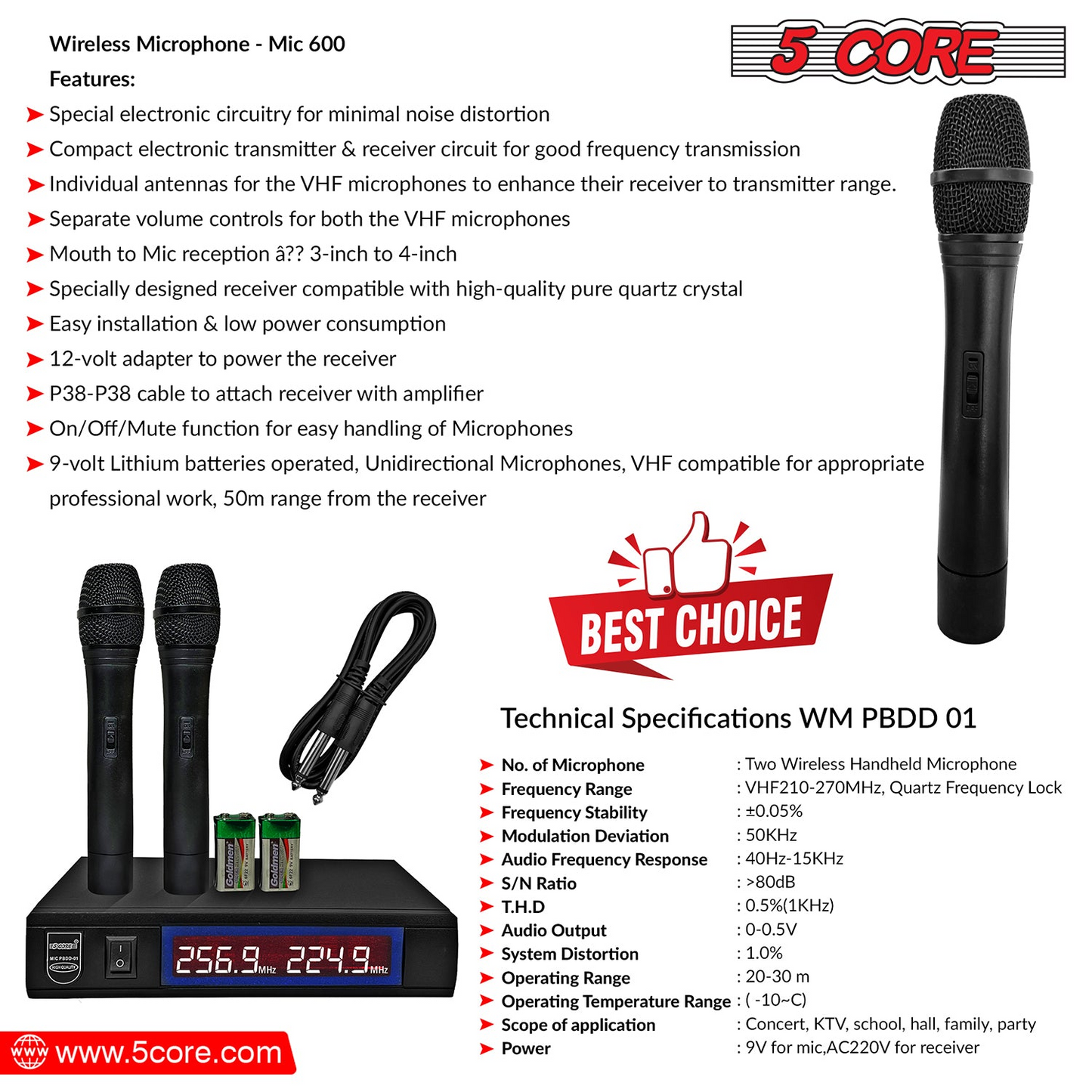 5Core Wireless Microphone VHF Fixed Dual Frequency Microfono Inalambrico 100FT Range