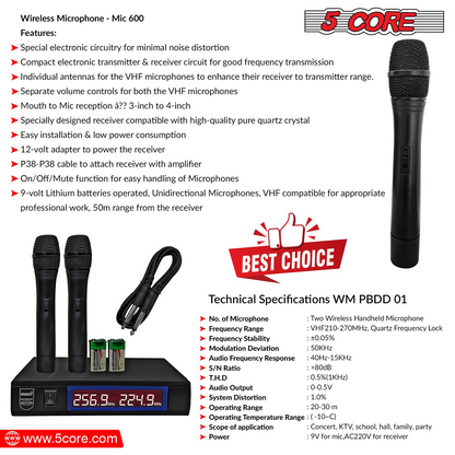 5Core Wireless Microphone VHF Fixed Dual Frequency Microfono Inalambrico 100FT Range