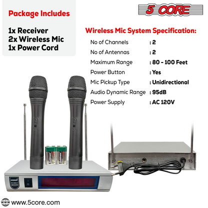 5Core Wireless Microphone VHF Fixed Dual Frequency Microfono Inalambrico 100FT Range