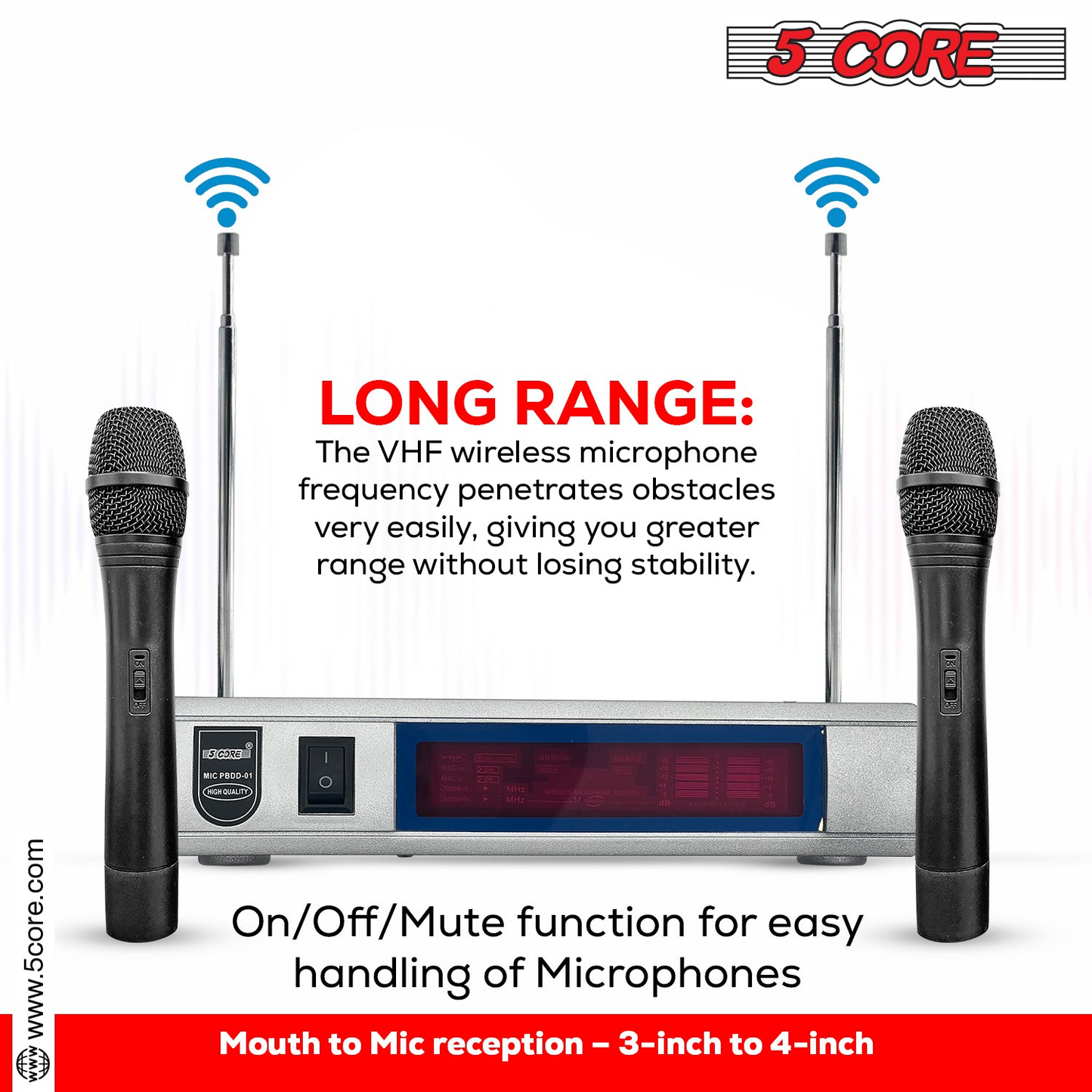 5Core Wireless Microphone VHF Fixed Dual Frequency Microfono Inalambrico 100FT Range