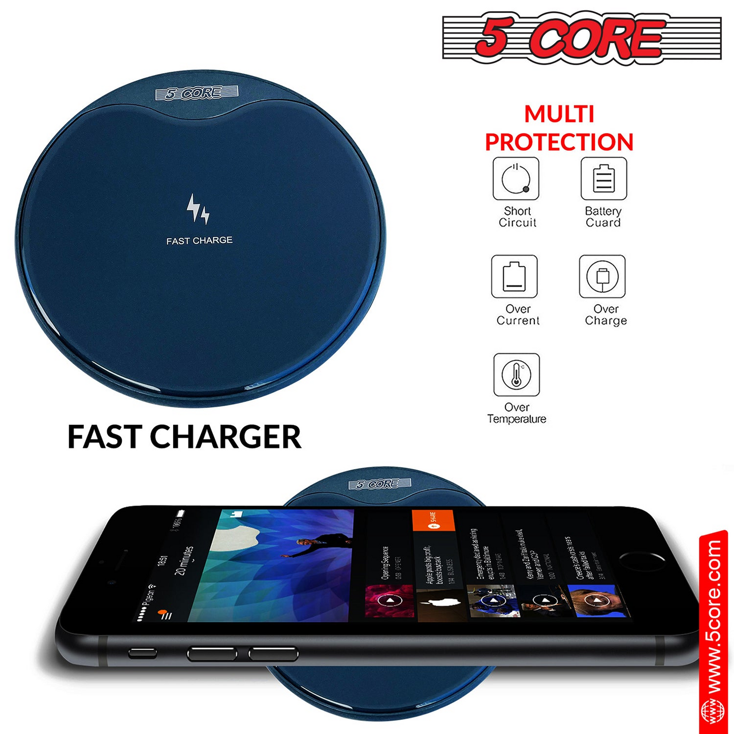 5Core Wireless Phone Charging Pad 15W Qi-Certified Fast Charger Mat Cargador