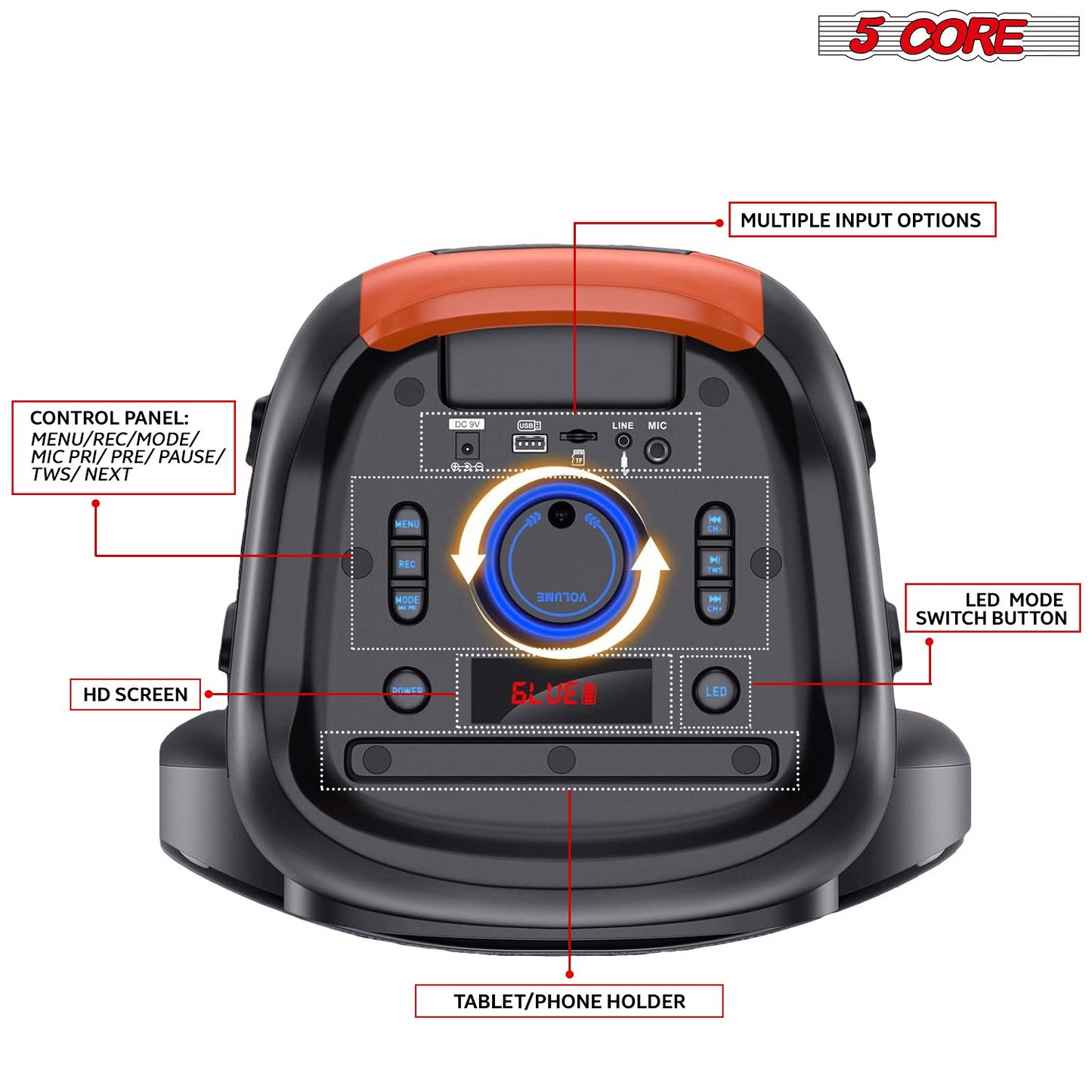 5 Core Bluetooth Party Speaker 12 tum PA RGB Partybox Karaoke Machine + 2 trådlösa mikrofoner