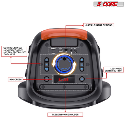 5 Core Bluetooth Party Speaker 12 tum PA RGB Partybox Karaoke Machine + 2 trådlösa mikrofoner