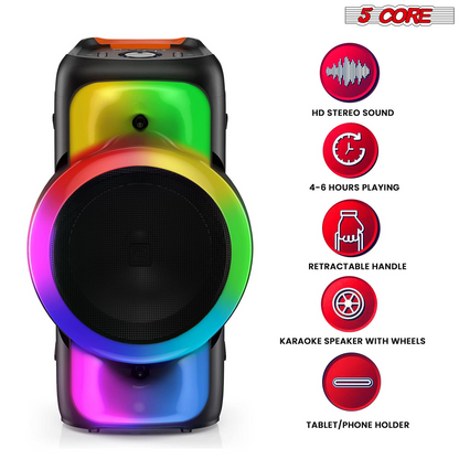 5 Core Bluetooth Party Speaker 12 tum PA RGB Partybox Karaoke Machine + 2 trådlösa mikrofoner