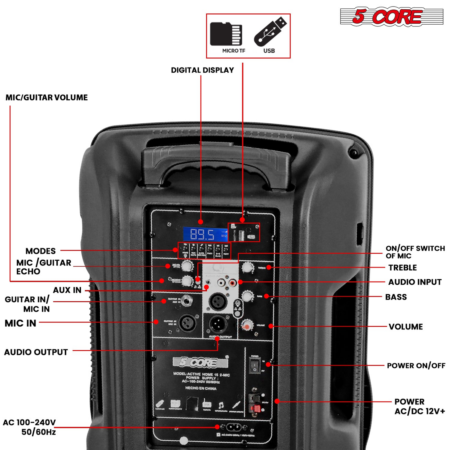 5Core15 inch PA Portable Bluetooth Party Speaker Karaoke Boombox + 2 Wireless Mics