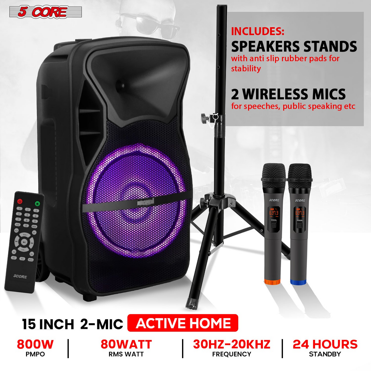 5Core15 tums PA Portabel Bluetooth Party Högtalare Karaoke Boombox + 2 trådlösa mikrofoner 