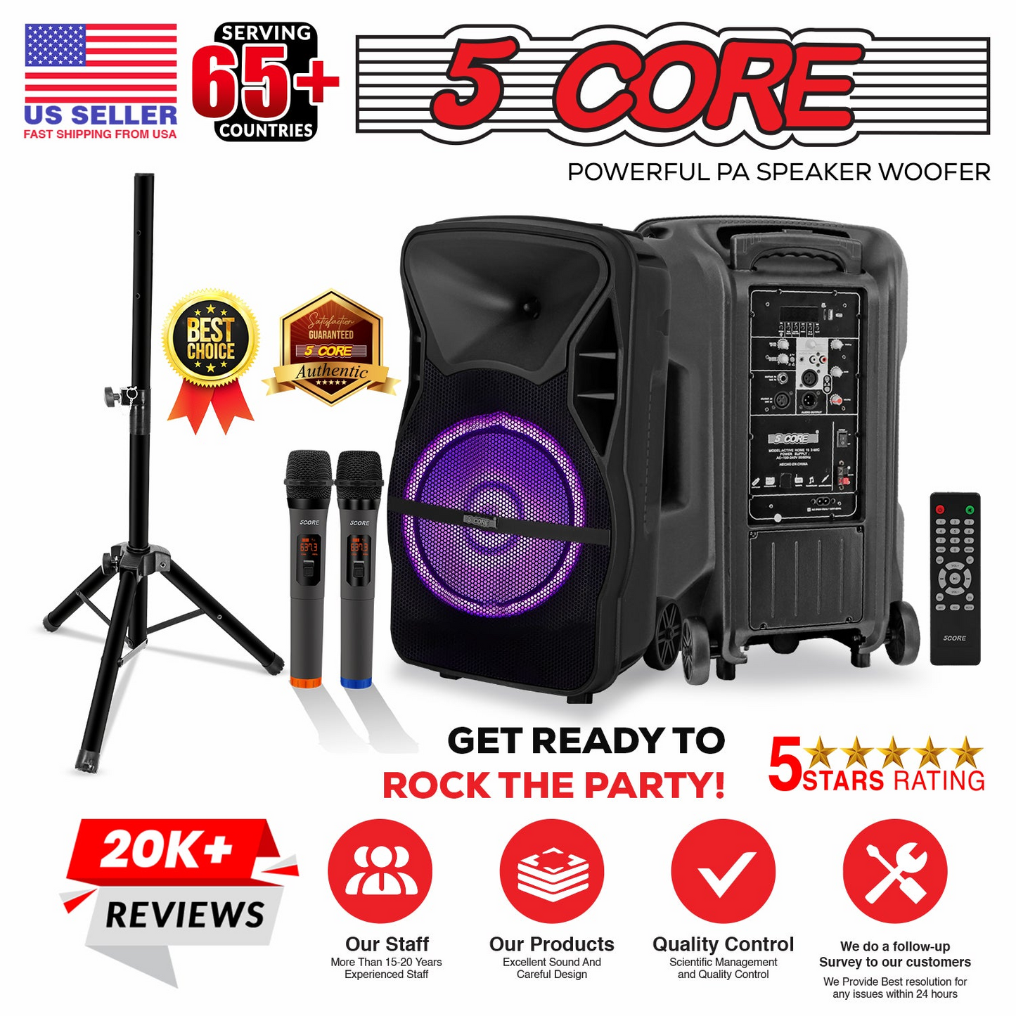 5Core15 tums PA Portabel Bluetooth Party Högtalare Karaoke Boombox + 2 trådlösa mikrofoner 