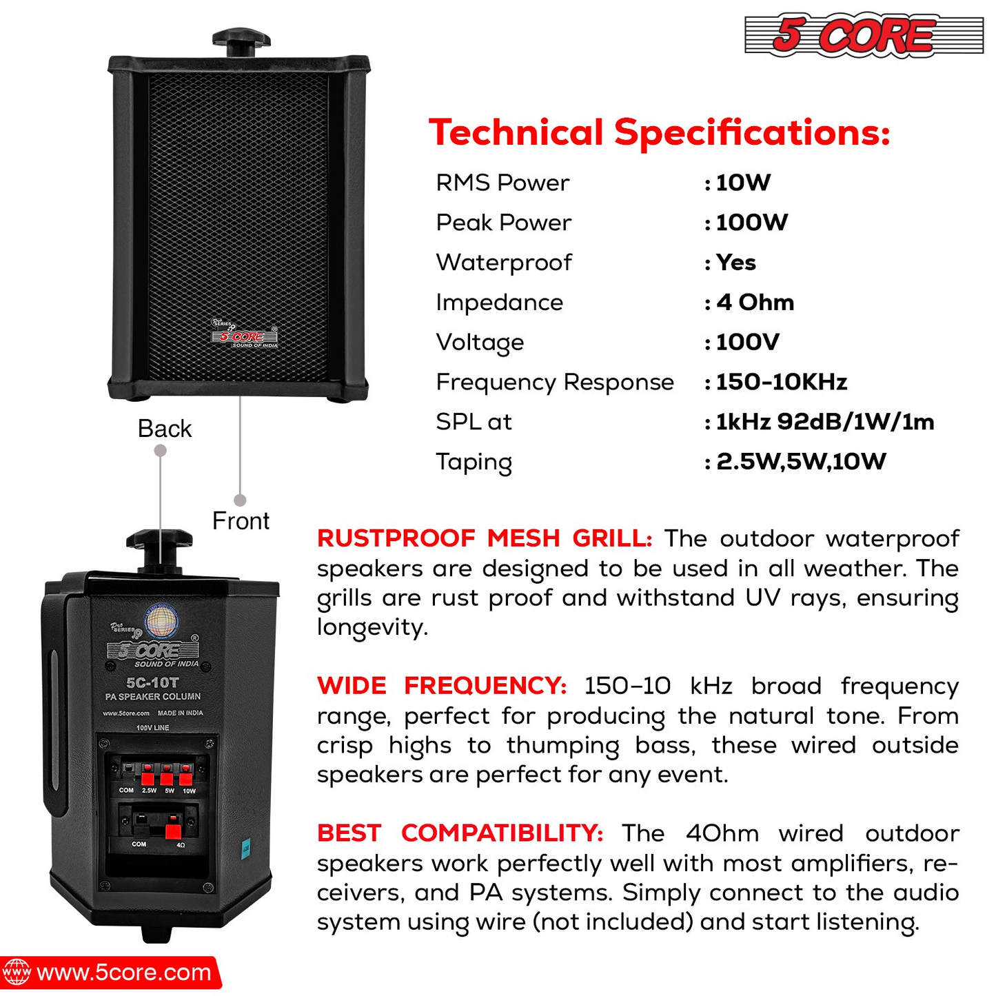 5 Core utomhushögtalare Stereo In Wall 100W Peak passivt hemmaljudsystem