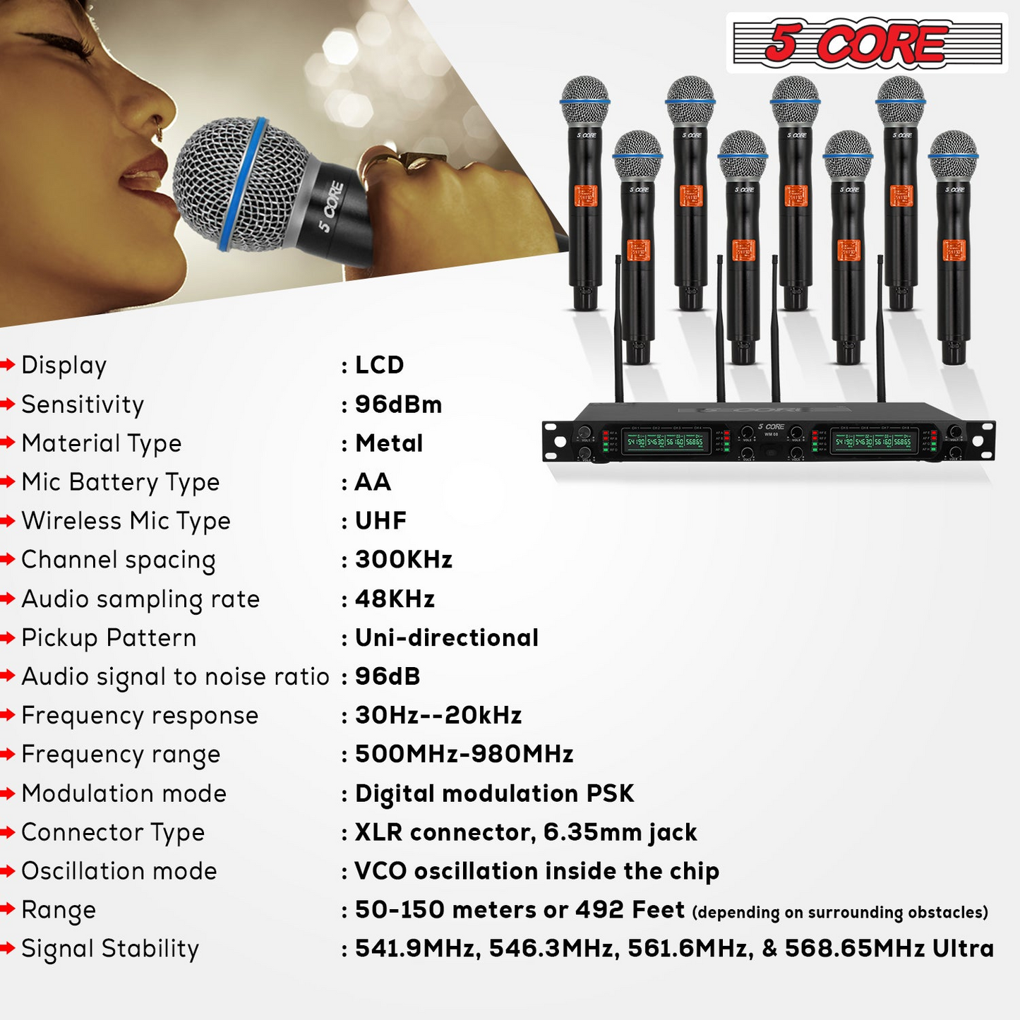 5Core Wireless Microphones 8 Channel Karaoke Professional UHF Singing Mic System Cordless Microfonos