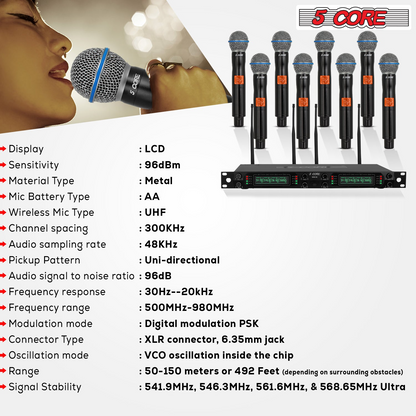 5Core Wireless Microphones 8 Channel Karaoke Professional UHF Singing Mic System Cordless Microfonos