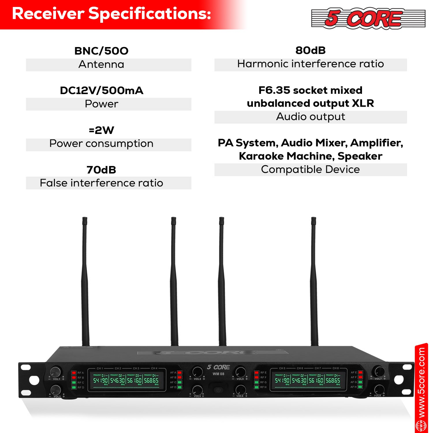 5 Core trådlösa mikrofoner 8-kanals Karaoke Professionell UHF Singing Mic System Trådlösa mikrofoner