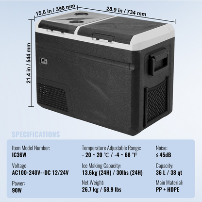 VEVOR bärbar bilkylskåp Frys med istillverkningsfunktion 38QT Dual Zone