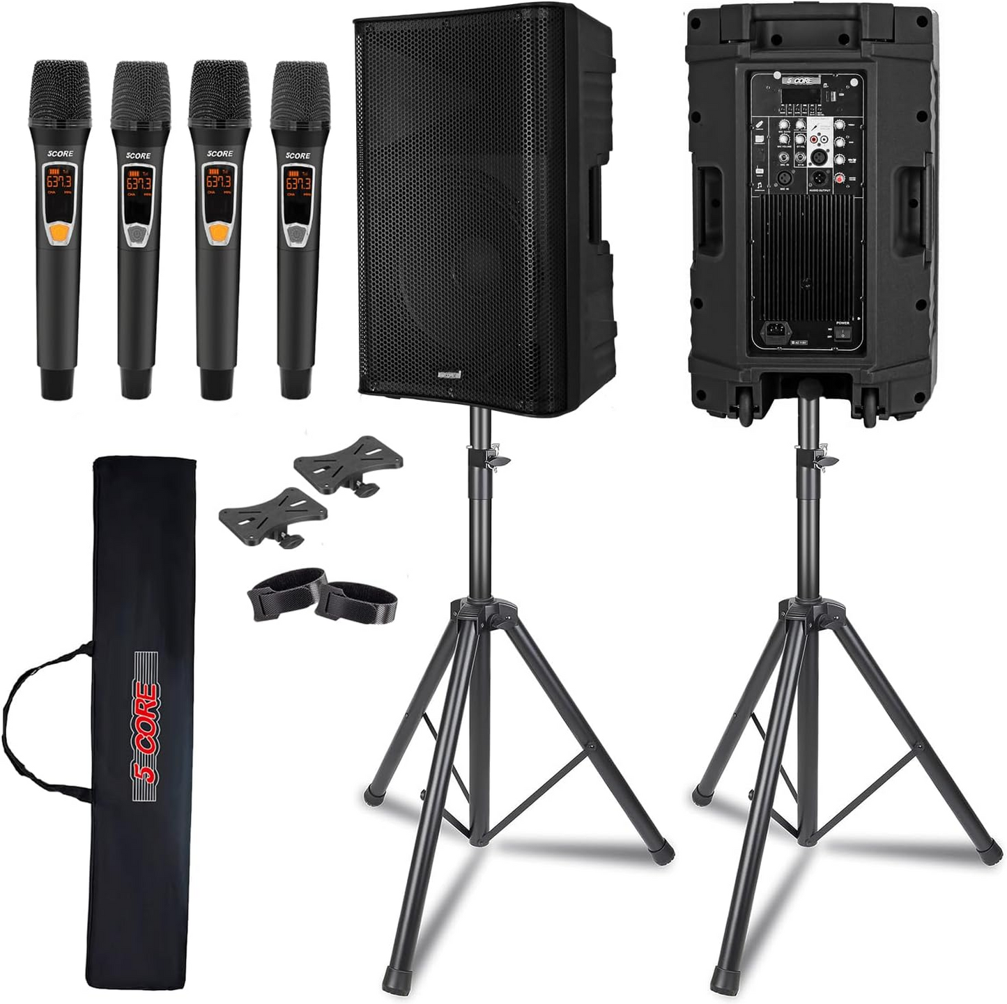 5 Core 15 Inch Professional 4000 W Powered PA System Par 2 Way TWS Bluetooth-högtalare +4 trådlösa UHF-mikrofoner +2 stativ +2 påsar XLR in/out Active Preamp Outdoor Sound Set för DJ Party