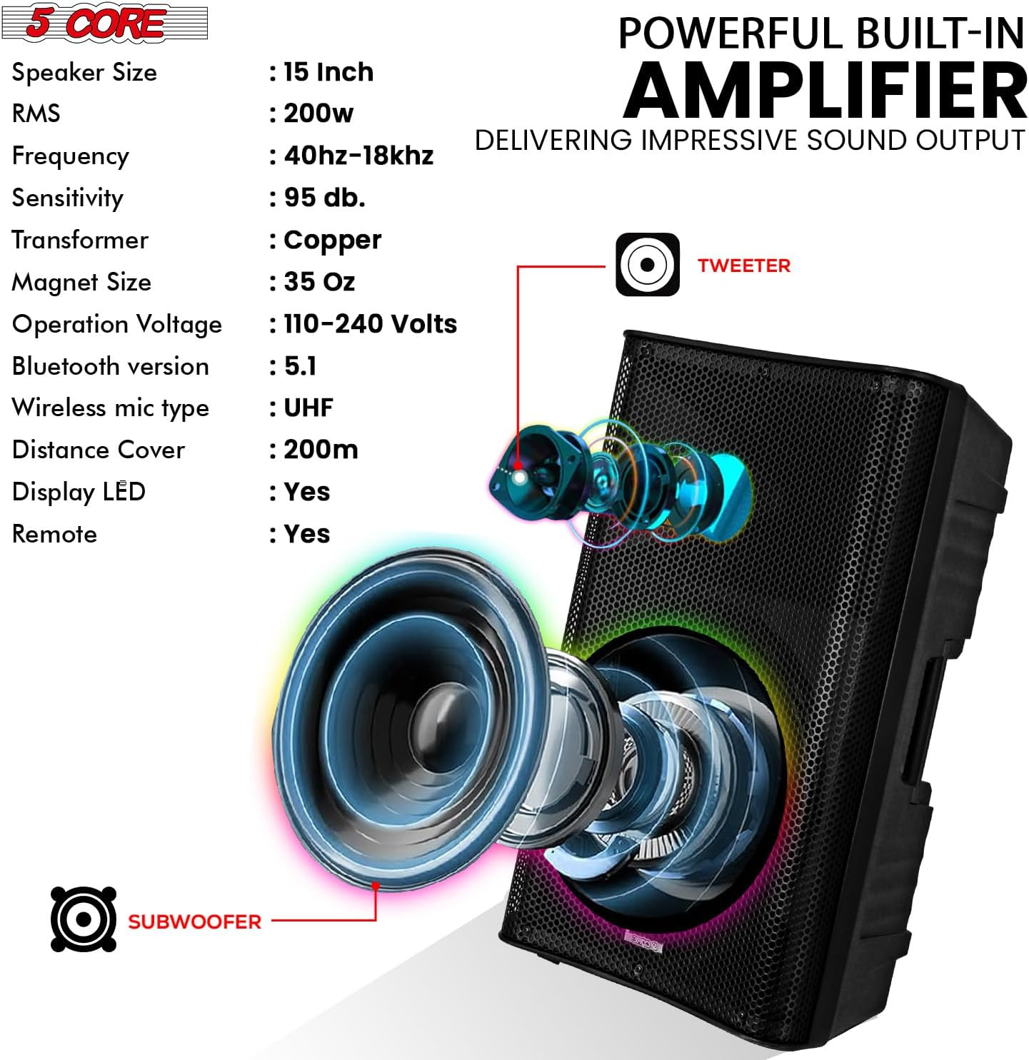 5 Core 15 Inch Professional 4000 W Powered PA System Par 2 Way TWS Bluetooth-högtalare +4 trådlösa UHF-mikrofoner +2 stativ +2 påsar XLR in/out Active Preamp Outdoor Sound Set för DJ Party