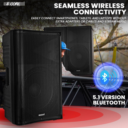 5 Core 15 Inch Professional 4000 W Powered PA System Par 2 Way TWS Bluetooth-högtalare +4 trådlösa UHF-mikrofoner +2 stativ +2 påsar XLR in/out Active Preamp Outdoor Sound Set för DJ Party