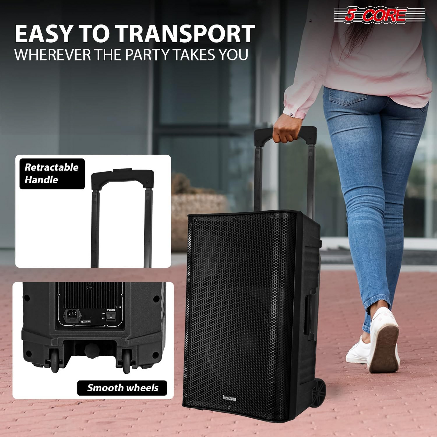 5 Core 15 Inch Professional 4000 W Powered PA System Pair 2 Way TWS Bluetooth Speaker +4 Wireless UHF Mics +2 Stand +2 Bags XLR in/Out Active Preamp Outdoor Sound Set for DJ Party