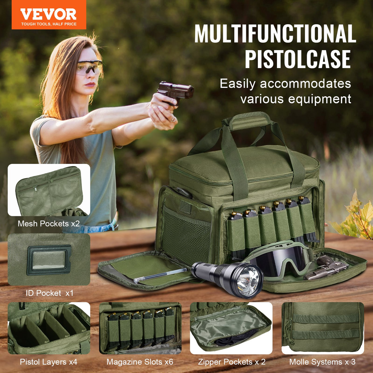 VEVOR Range Bag för 4 Pistols Tactical Gun Range Bag Enkel axelremsa Grön