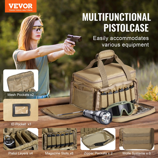 VEVOR Range Bag för 4 Pistols Tactical Gun Range Bag Enkel axelremsa Brun