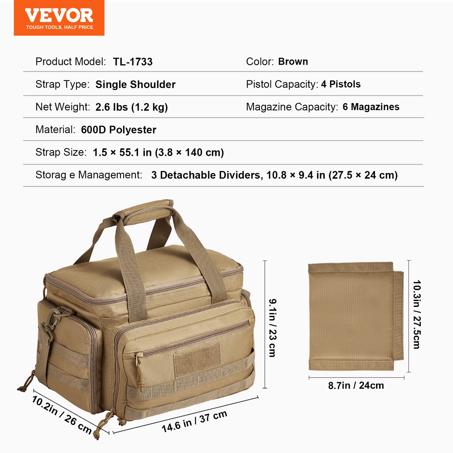 VEVOR Range Bag för 4 Pistols Tactical Gun Range Bag Enkel axelremsa Brun