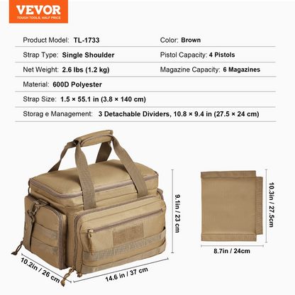 VEVOR Range Bag for 4 Pistols Tactical Gun Range Bag Single Shoulder Strip Brown