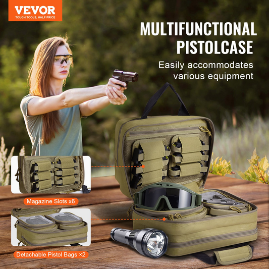 VEVOR Range Bag för 2 Pistols Tactical Gun Bag 2 Inbyggda Pistol Bags Brun, Range Bag för handeldvapen Vapenväska med låsbar dragkedja för skjutbana utomhusjakt