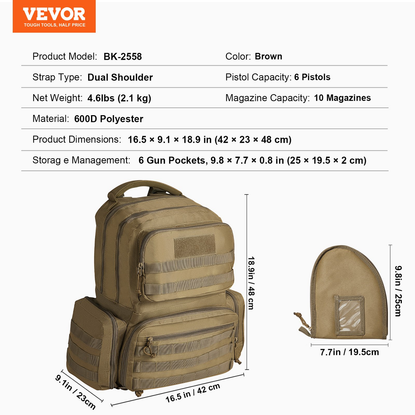 VEVOR Tactical Range ryggsäck för 6 pistoler Gun Backpack Brown, Range Bag for handeldvapen Gun Case Bag med låsbar dragkedja för skjutbana utomhusjakt