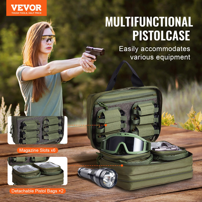 VEVOR Range Bag för 2 Pistols Tactical Gun Bag 2 Inbyggda Pistol Bags Grön， Range Bag för handeldvapen Vapenväska med låsbar dragkedja för skjutbana utomhusjakt