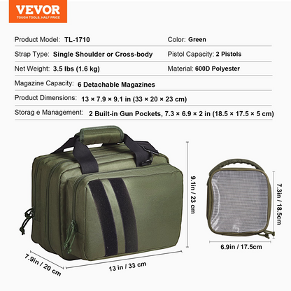 VEVOR Range Bag for 2 Pistols Tactical Gun Bag 2 Built-in Pistol Bags Green，Range Bag for Handguns Gun Case Bag with Lockable Zipper for Shooting Range Outdoor Hunting