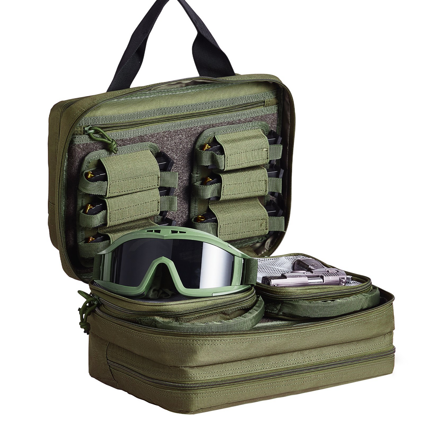 VEVOR Range Bag för 2 Pistols Tactical Gun Bag 2 Inbyggda Pistol Bags Grön， Range Bag för handeldvapen Vapenväska med låsbar dragkedja för skjutbana utomhusjakt