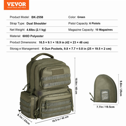 VEVOR Tactical Range Backpack for 6 Pistols Gun Backpack Green,Range Bag for Handguns Gun Case Bag with Lockable Zipper for Shooting Range Outdoor Hunting