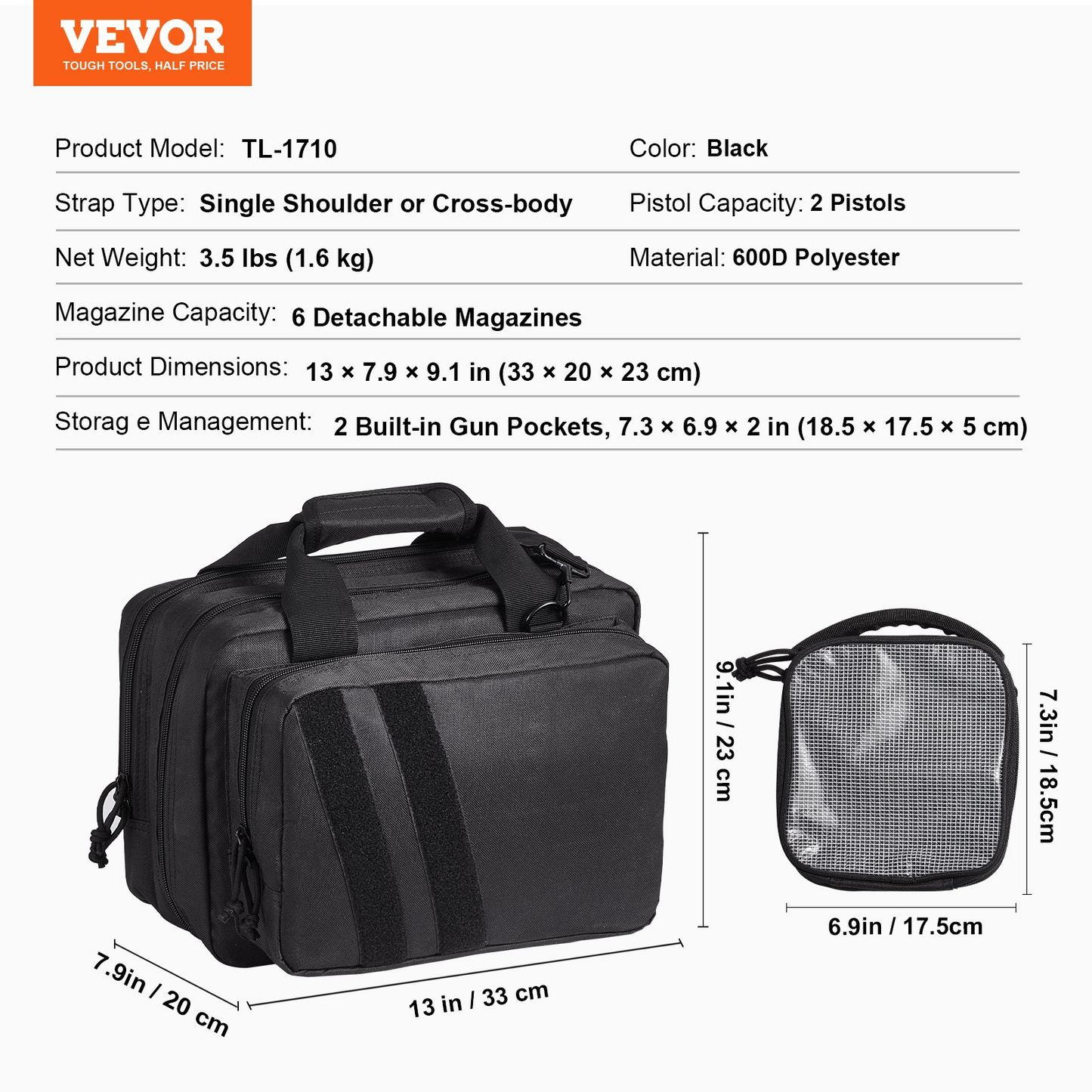 VEVOR Tactical Pistol Backpack with 2 Pistol Cases, Gun Range Backpack with 6x Magazine Slots for Shooting and Hunting