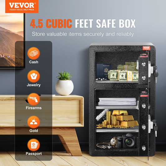 VEVOR Double Door 4.5 cu.ft Safe Box with Key Lock Password Fireproof Bag Black