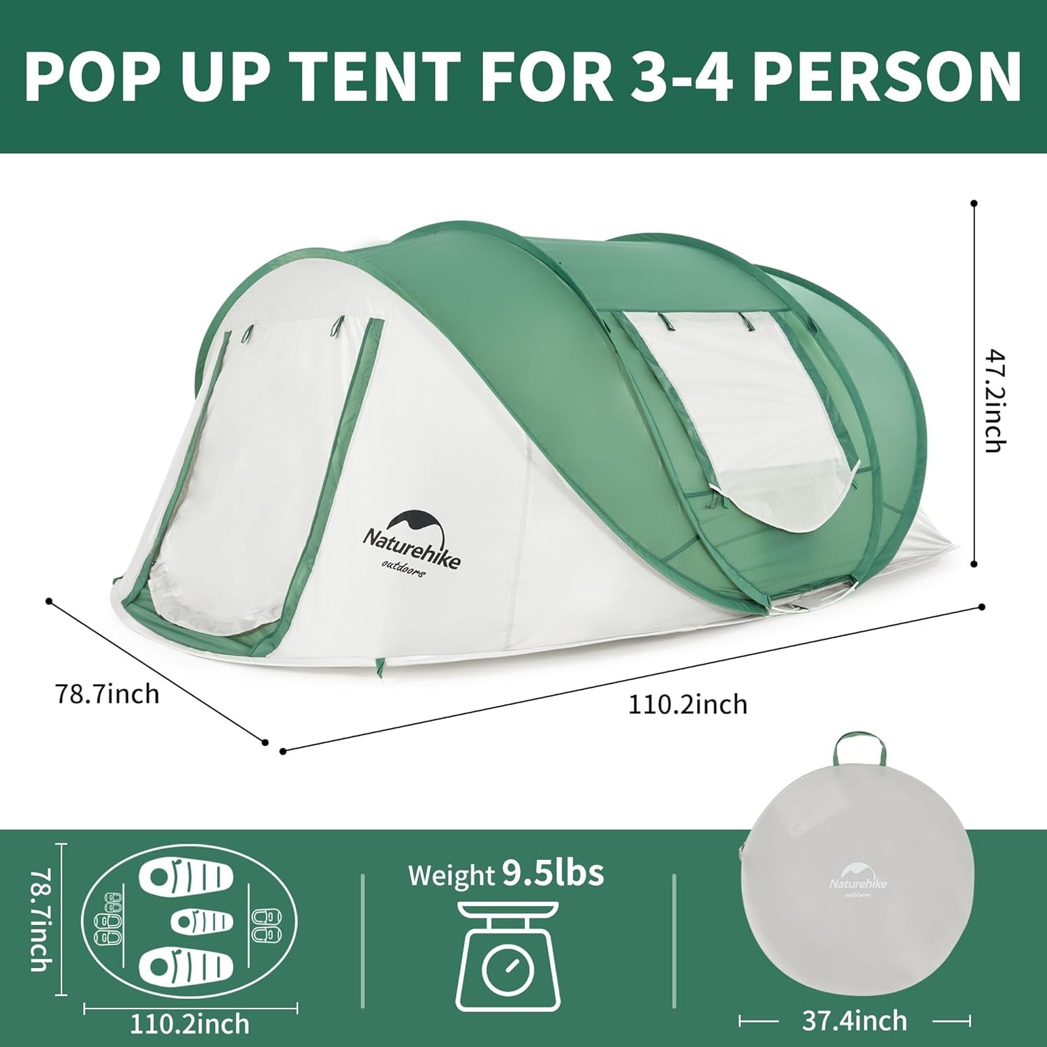 2-3 Person Poo up Tent, Easy Setup Instant Tent, Pop up Tent for Camping, Hiking