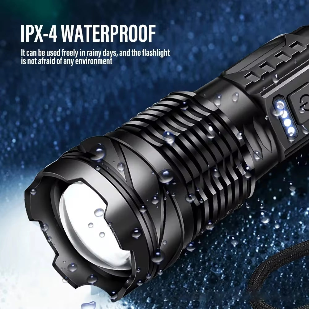 High-Performance XHP50 LED Waterproof Flashlight with Side Light, 7 Modes, USB Rechargeable, Ideal for Camping and Fishing