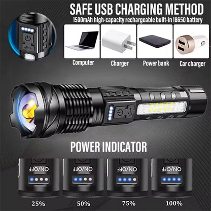 High-Performance XHP50 LED Waterproof Flashlight with Side Light, 7 Modes, USB Rechargeable, Ideal for Camping and Fishing