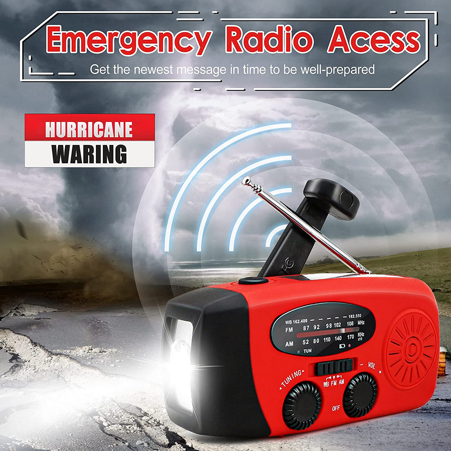 Storm Safe Emergency AM/FM/NOAA väderbandsradio med solblixtljus och inbyggd telefonladdare