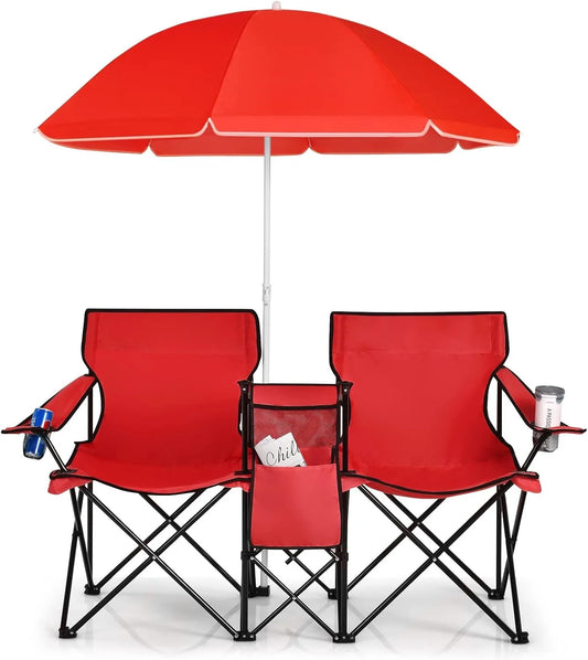 Portable Folding Picnic Double Chair W/Umbrella Table Cooler Beach Camping Chair for Patio Pool Park Outdoor