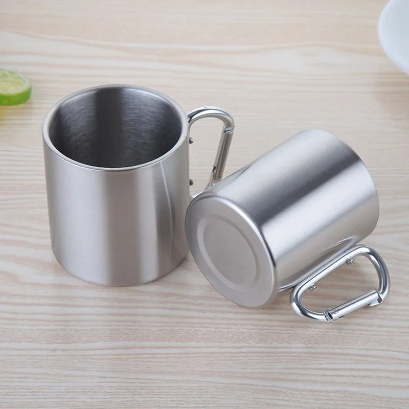 "Durable Stainless Steel Camping Mug with Carabiner Handle - Perfect for Outdoor Adventures! (220/300/450ml)"