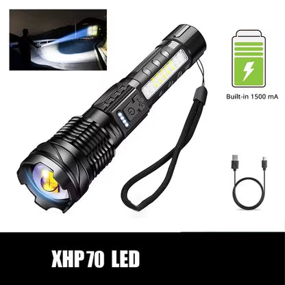 High-Performance XHP50 LED Waterproof Flashlight with Side Light, 7 Modes, USB Rechargeable, Ideal for Camping and Fishing