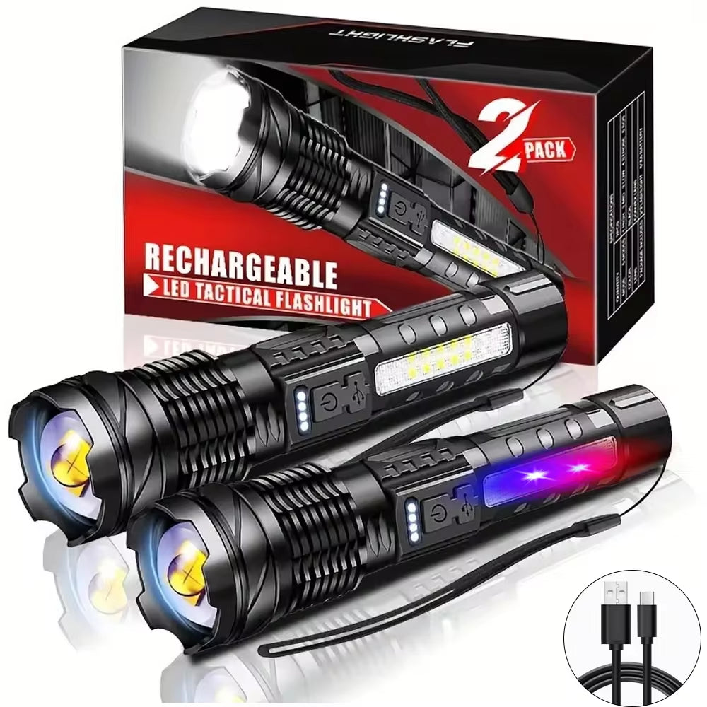 High-Performance XHP50 LED Waterproof Flashlight with Side Light, 7 Modes, USB Rechargeable, Ideal for Camping and Fishing